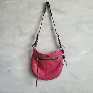 Elliott Lucca Magenta Pebbled Leather Shoulder Bag With A Brown Leather Strap